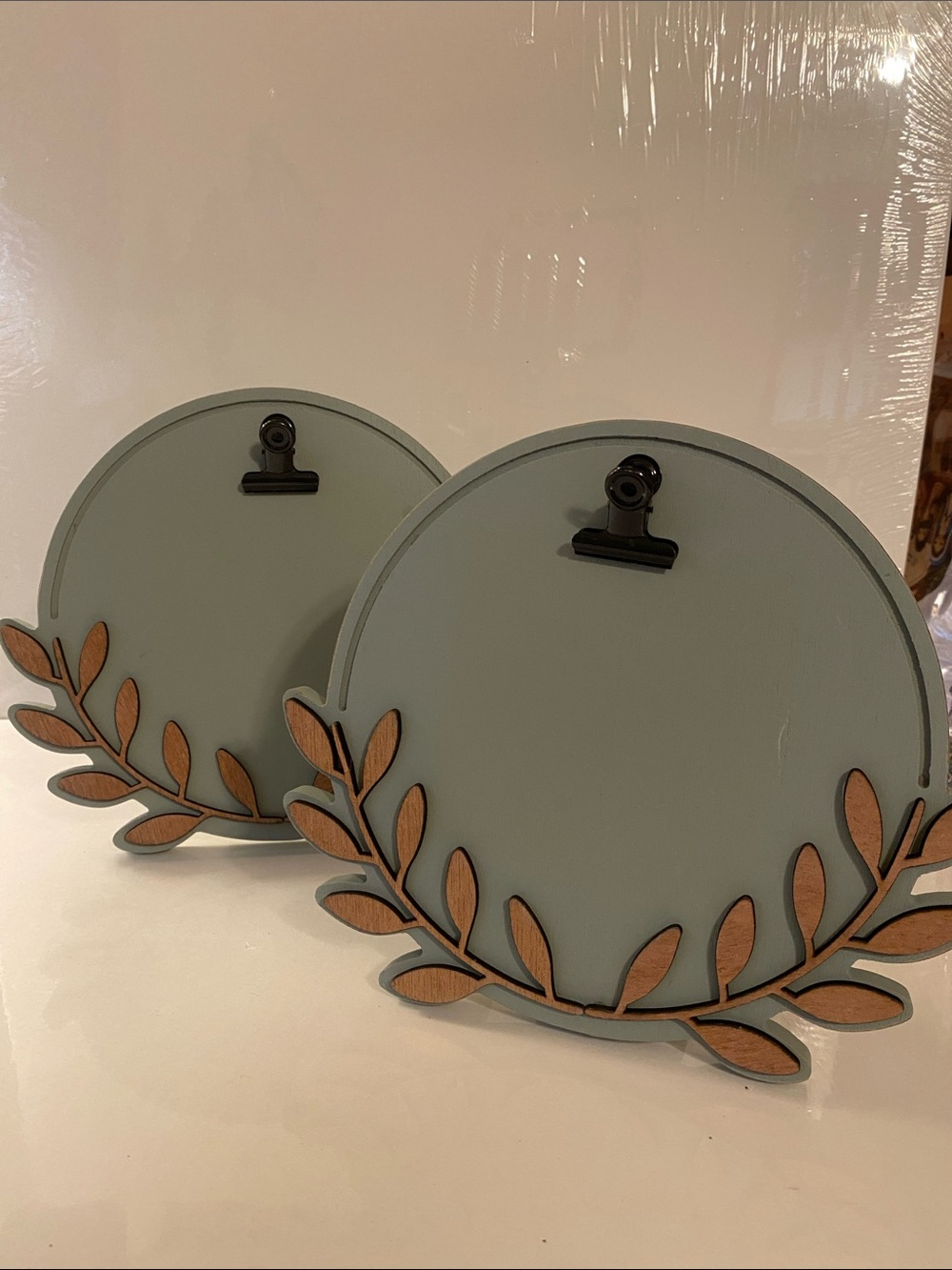 Hobby Lobby Sage Green Round Wall Plaques with Wood Leaf Accents